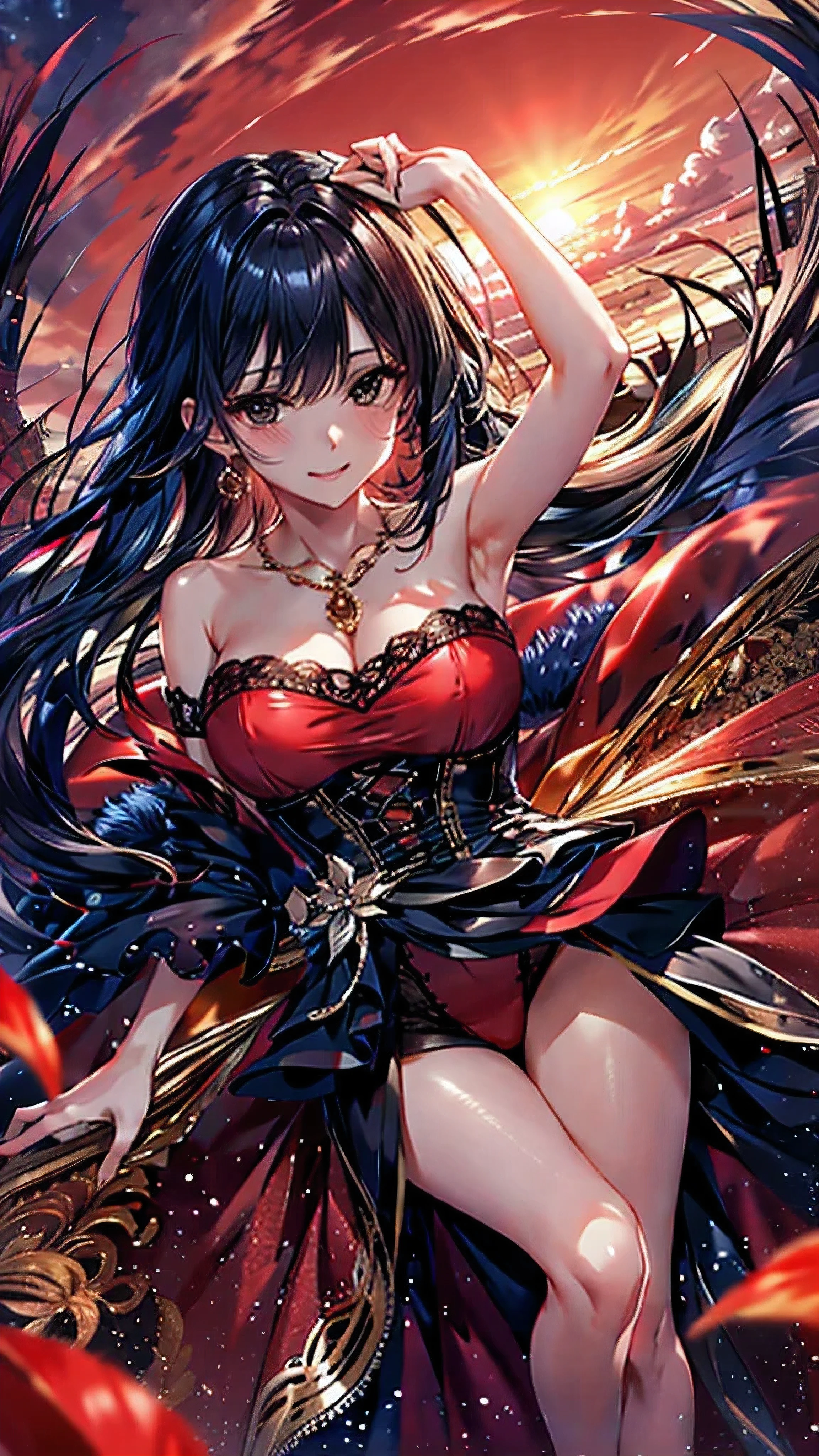 Vast landscape photography, (A view from below overlooking the sky and wild nature), (32K), 1 girl, cute, Ruby Effect, Red Theme, Long black hair, ( Beautiful red eyes:1.4), Eyes Wide Open, eyelash, puppet, (Half closed eyes:0.7), dancing and martial poses on a red and black floral bed with a Flemish dress, Flemish, (Giant Ruby Necklace 1.5)), (Perfect hands:1.4), ((Shining Ruby:1.3)), ((Shining Ruby Gemstone Background)), The pieces fly, Highest quality, Very detailed, masterpiece,,reflection light, high details, uhd, best quality, 16K