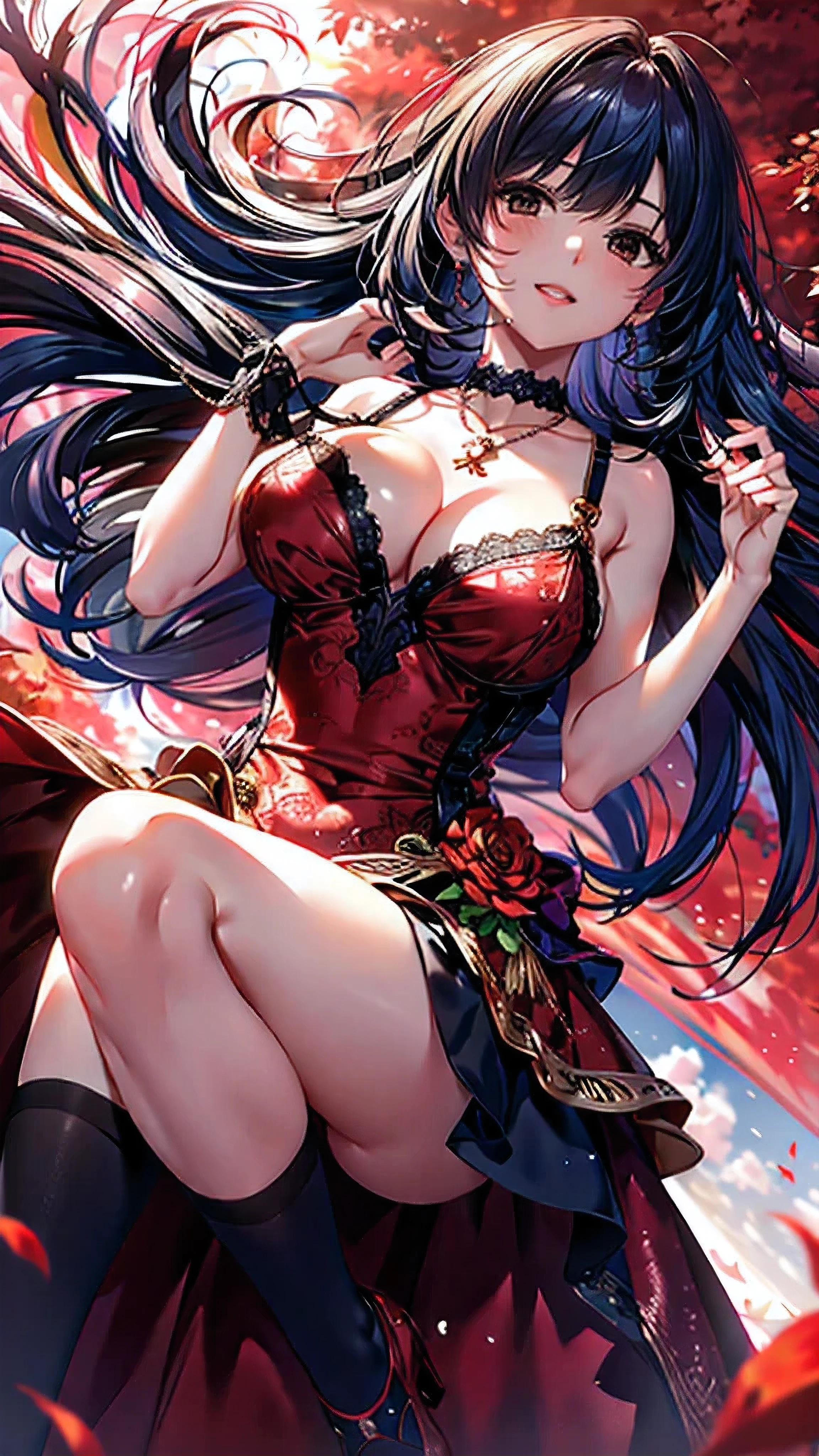 Vast landscape photography, (A view from below overlooking the sky and wild nature), (32K), 1 girl, cute, Ruby Effect, Red Theme, Long black hair, ( Beautiful red eyes:1.4), Eyes Wide Open, eyelash, puppet, (Half closed eyes:0.7), dancing and martial poses on a red and black floral bed with a Flemish dress, Flemish, (Giant Ruby Necklace 1.5)), (Perfect hands:1.4), ((Shining Ruby:1.3)), ((Shining Ruby Gemstone Background)), The pieces fly, Highest quality, Very detailed, masterpiece,,reflection light, high details, uhd, best quality, 16K