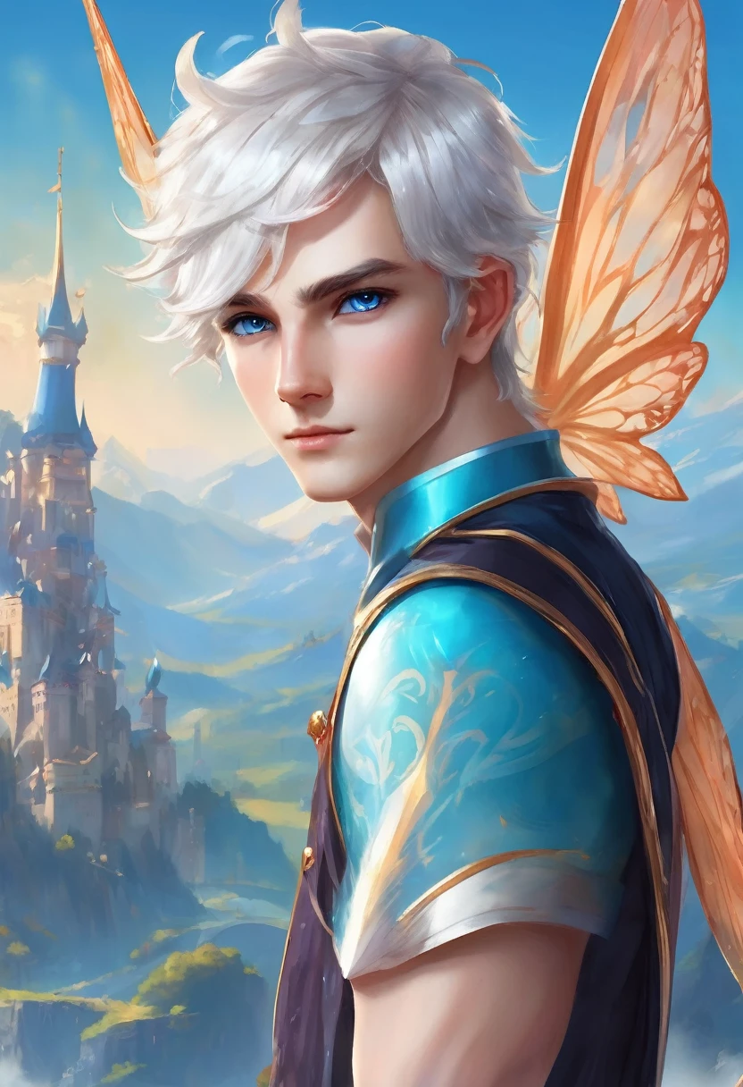 Create a handsome 22-year-old fairy prince boy with short white hair on the sides., blue eyes, White skin, pointy ears, with muscle, with light blue background