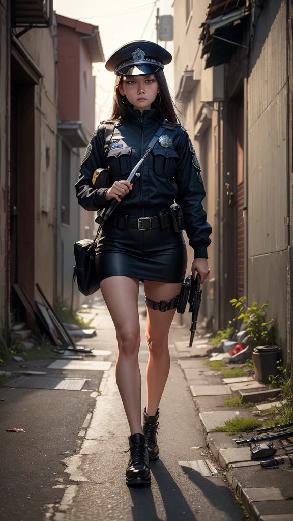 ((best quality)) , ((masterpiece)) , (detailed),1 Police,Sneering expression,Clothes in hand,Abandoned alleys,Knife on the ground,(whole body),1 female