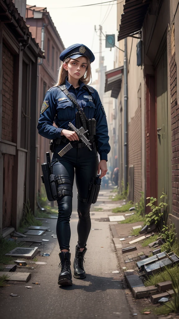 ((best quality)) , ((masterpiece)) , (detailed)，1 Police，Sneering expression，Clothes in hand，Abandoned alleys，Knife on the ground，(whole body),1 female