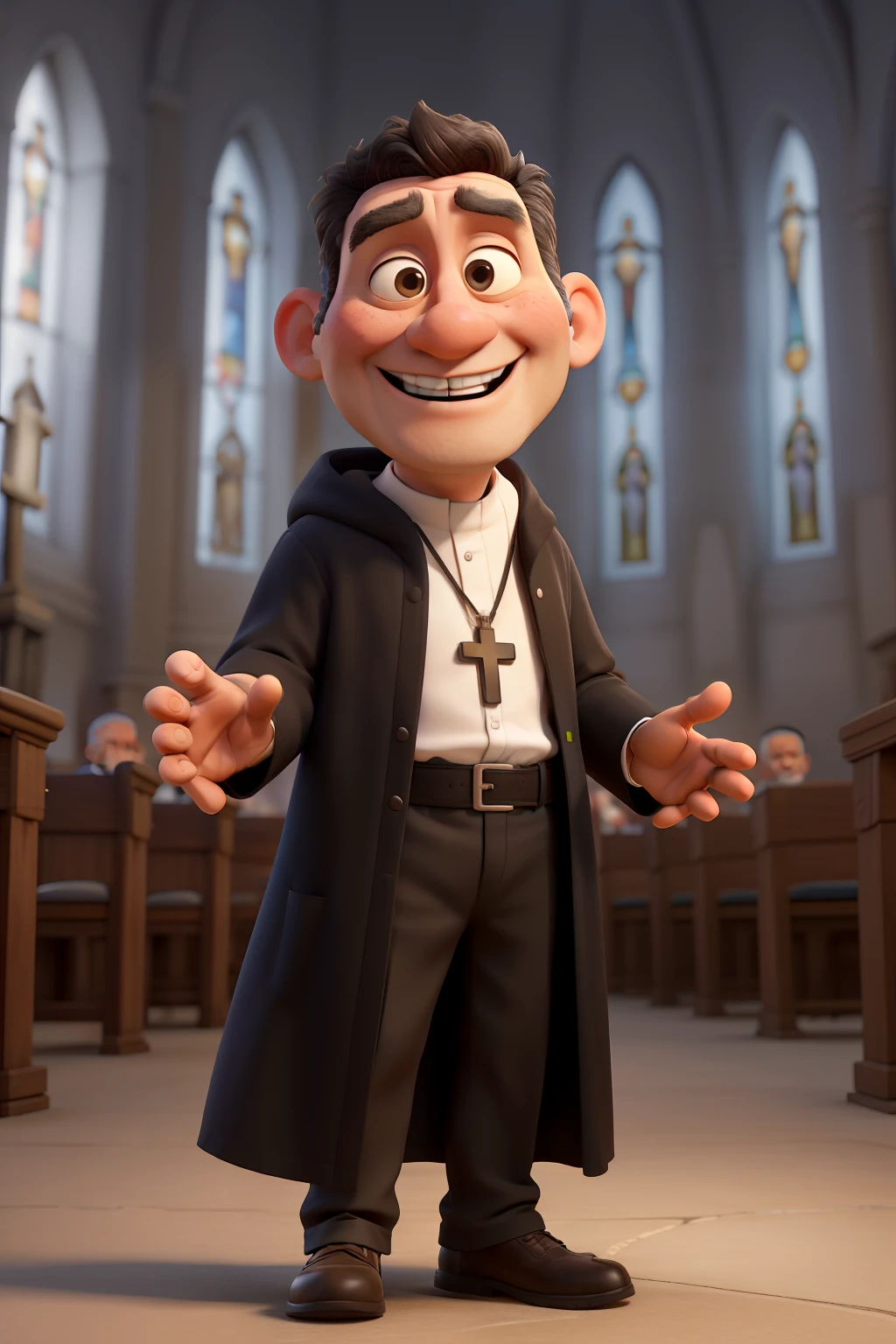 Pixar-style 3D image of a 60-year-old priest. He has white skin, short black hair, and is smiling, with his open hands raised, greeting people. The priest is wearing a black cassock and a white clerical collar. On the cassock, there is a necklace with a crucifix.