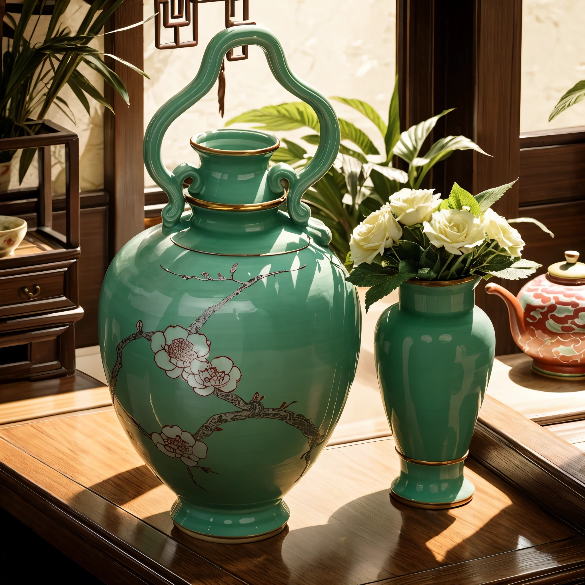 celadon vase, yongzheng phoenix print, still life photography, (chinese traditional interior environment:1.2), darkened room, (realistic:1.3), cinematic lighting, contrast lighting, super details, sharp focus,