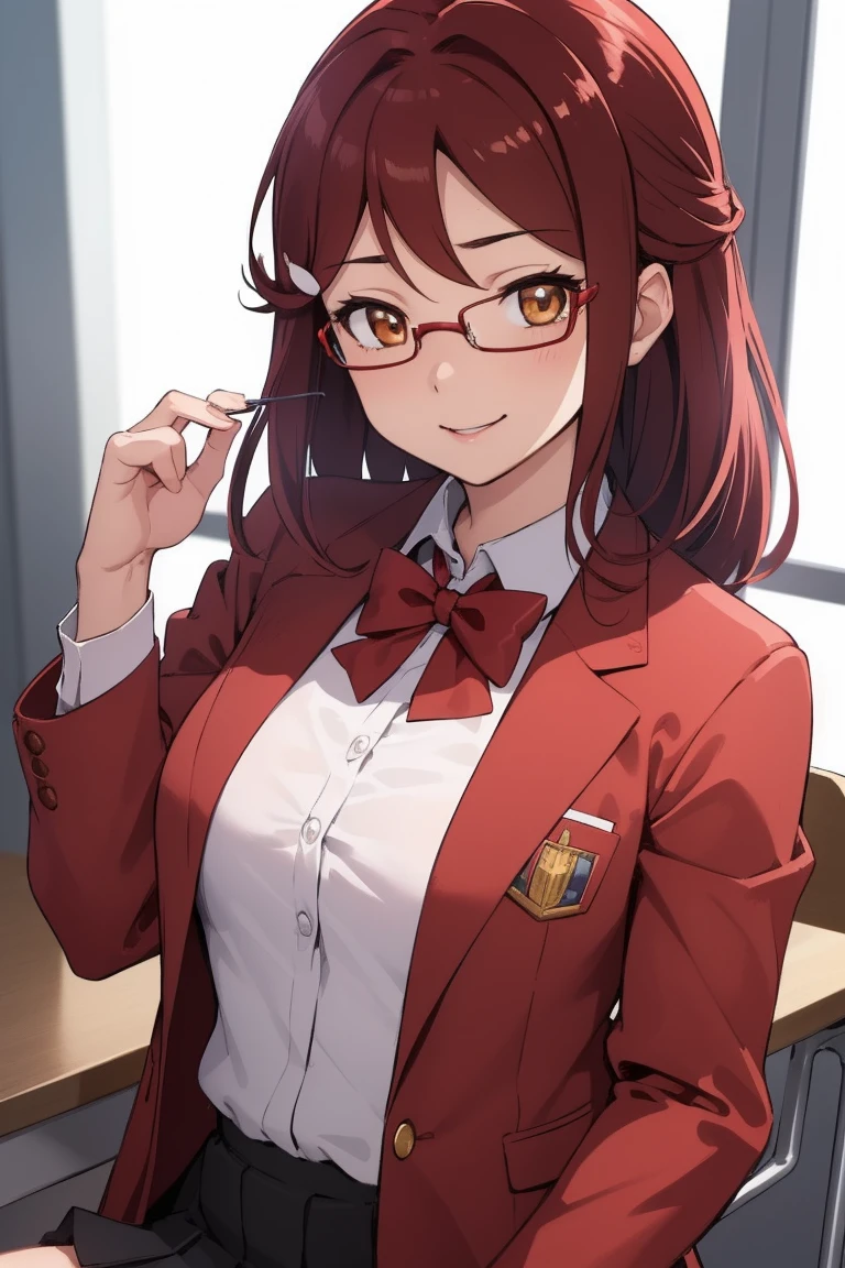 Rikosakurauchi, Riko Sakurauchi, (Brown eyes:1.5), hair between the eyes, by the wide, (Red hair:1.5), (Little mom:1.2), 
BREAK glasses, high advanced breeding , jacket de sport, red jacket de sport, bow, bowtie, collar shirt, jacket, long sleeves, pleated skirt,
rest studying, sexy, erotic, smiling at viewer break inside, classroom, 
BREAK (masterpiece:1.2), Best Quality, High resolution, unity wallpaper 8k, NSFW,(illustration:0.8), (beautiful detailed eyes:1.6), extremely detailed face, perfect lighting, Extremely detailed CG, (perfect hands, perfect anatomy),