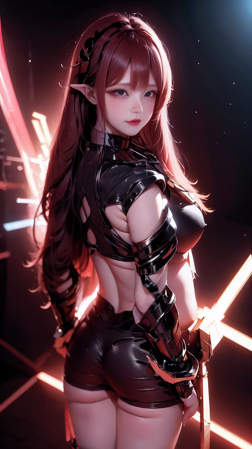 high resolution,8k,1女の子のDetailed, Cyberpunk Costume,Only black clothing,The costume is shiny,Shiny red long hair,8k,Detailed目,8k, Detailed,The background is white only,