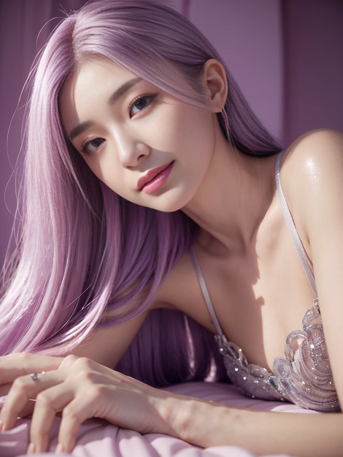 (woman lying in bed)1 woman, silver hair, hair in lines, smooth, smoothทื่อ, long hair, pink hair, tear, Long eyelashes, purple eyes, put on makeup, smile, Chapped lips, ความrealistically, truth, Surrealism, depth of field, One person's point of view, retina, table top, correct, correctตามหลักกายวิภาคศาสตร์, textured skin,(Rough short sweater)Float off shoulder、off shoulder tight skirt((full body angle))、Stick out your butt.)、(Shapely breasts,)、((sexy pose)))、(camel toe), tongue、vaginal orchid、Vaginal discharge, runny nose、The tide blows、Very beautiful breasts.、Hold your chest with both hands.、sexual excitement、 Expression、Oily skin。realistically、(kpop idoledium hair、(pink blush)、(shine)、(alone)、Dynamic Post、((nipples harden))、(Bags under the eyes:1.2)、 (Slender legs)、Erotic