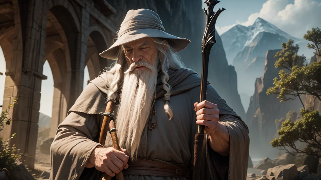 Gandalf from Lord of the Rings
holding staff