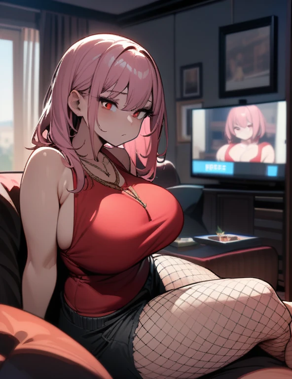 (masterpiece), Best Quality, expressive eyes, perfect succubus girl face, long pink hair, reddish red eyes, bored, red sleeveless t-shirt, black jean mini shorts, fishnet stockings that reach the legs, platinum necklace between her breasts. , Gold bracelets, Big and perfect breasts, thick thighs, perfect ass, home, living room, sitting, watching TV, nsfw