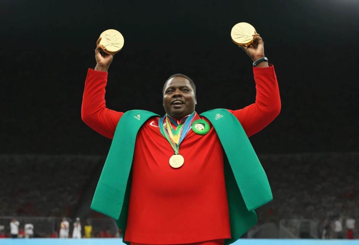 create an image of Marcus Garvey on top of the podium in the middle of a world sports olympics stadium winning gold medals and holding a gold trophy, dressed in a red olympic uniform, black and green celebrating with a victory face