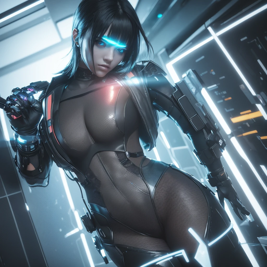A highly detailed 3D render of a young woman in a futuristic cyberpunk setting, wearing a tight bodysuit and holding a glowing holographic interface, dramatic lighting, neon colors, cinematic composition, photorealistic, hyper detailed, 8K, (best quality:1.2), (masterpiece:1.2), (ultra-detailed:1.3), cinematic lighting, dramatic shadows, glowing neon interfaces, advanced technology, hyper-realistic, stunning details, seamless textures, moody, cyberpunk, futuristic, technology