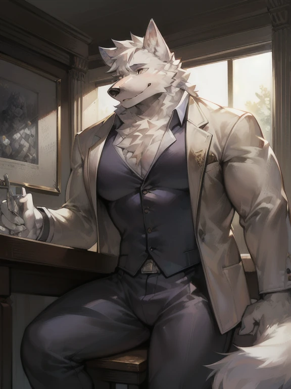 masterpiece, high quality,Male white wolf,Gray fur,Fluffy fur,Muscle tissue,Work Jackets,Sitting,Leaning on the table,Look at the audience,A slightly messy studio,Rich background,Light and shadow effects