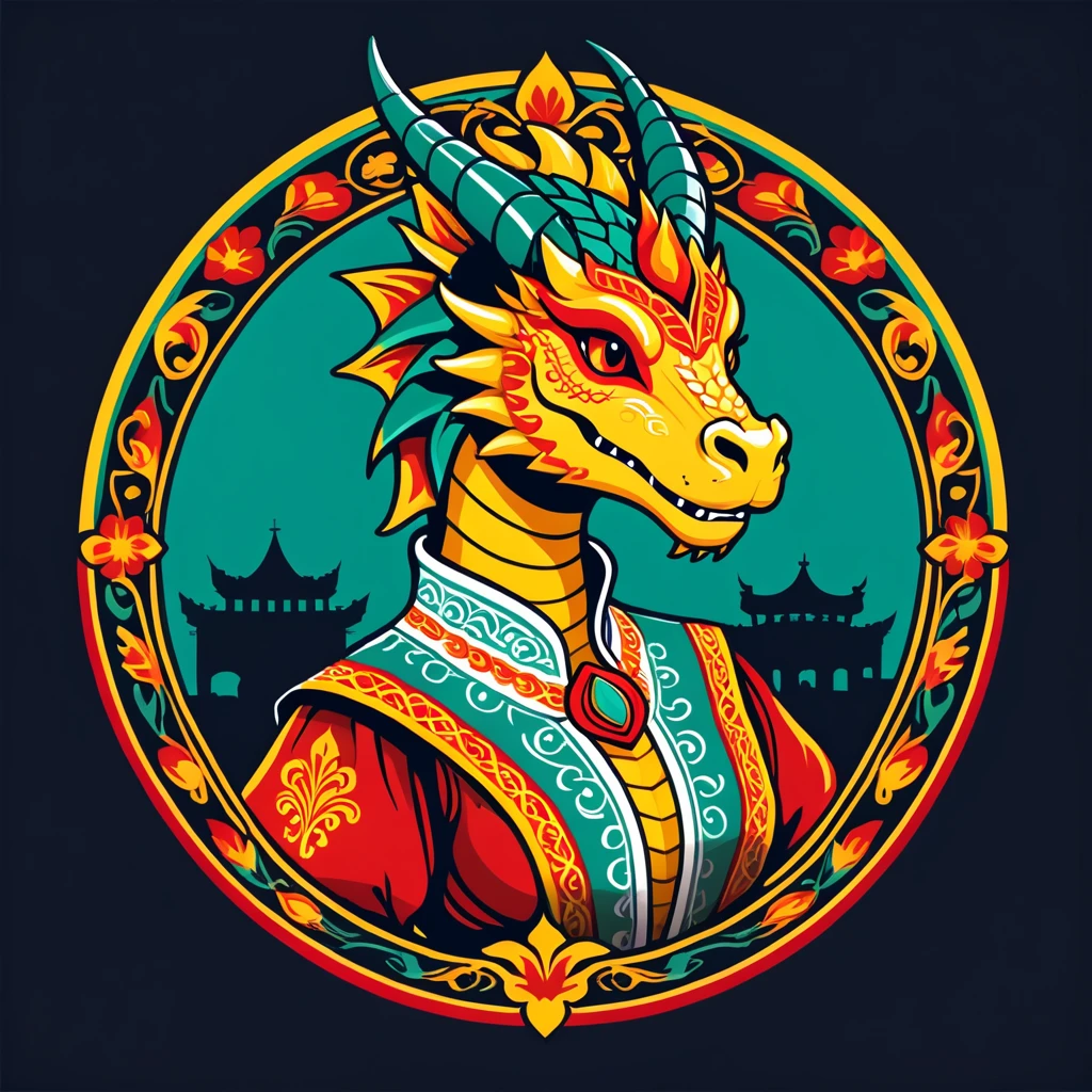female dragon in spanish folk outfit ,vector graphics, strong contours, logo design