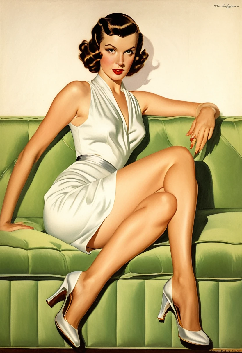 painting of a woman sitting on a couch in a room, enoch bolles, inspired by Art Frahm, by Alberto Vargas, pinup art, by Tom Lovell, inspired by Alberto Vargas, 7 0 s art deco, paul outerbridge masterpiece, retro pulp art, golden age illustration, vintage pulp art, realistic art deco, part leyendecker style