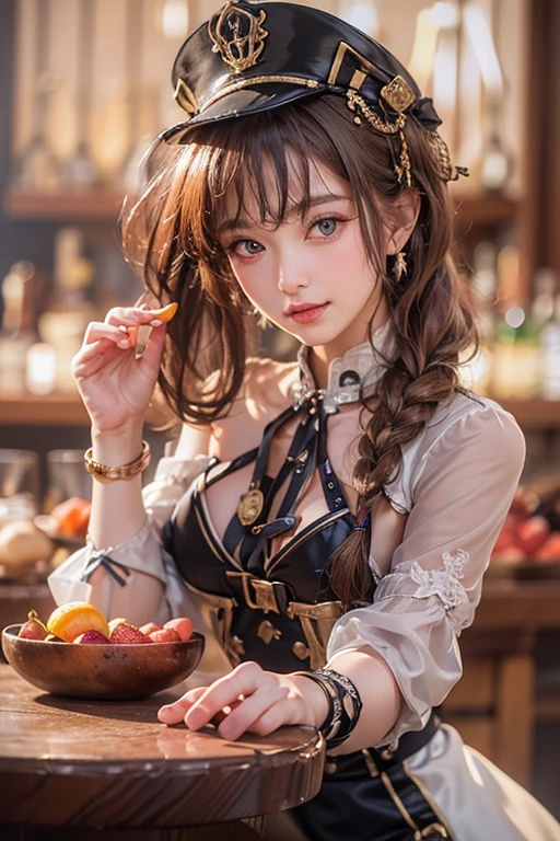 (masterpiece:1.3), (8k, Realistic, RAW Photos, Best imYear quality: 1.,(Random Hairstyles:1.2)、CleavYear:1.2、Highly detailed face、Attention to detail、double eyelid、Chest to chest、Sharp focus:1.2、Beautiful woman:1.4、Redhead、Highest quality、masterpiece、Ultra-high resolution、(Realistic:1.4)、Highly detailed and professionally lit smiles、Loose fitting steampunk outfit、Shoulder out、thin、Serious expression、Eating fruit at the bar、Two Arms, Complete Hそして, Beautiful body, Beautiful fingers, Normal finger, Five Fingers, Five Fingers, (Thumb Index Finger Ring Finger), Beautiful ears、 Normal ear, Beautiful Eyes, Shining Eyes, Beautiful mouth, Beautiful Lips,