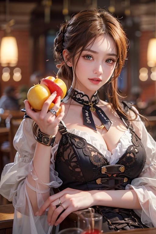 (masterpiece:1.3), (8k, Realistic, RAW Photos, Best imYear quality: 1.4)、 Year,(Random Hairstyles:1.2)、CleavYear:1.2、Highly detailed face、Attention to detail、double eyelid、Chest to chest、Sharp focus:1.2、Beautiful woman:1.4、Redhead、Highest quality、masterpiece、Ultra-high resolution、(Realistic:1.4)、Highly detailed and professionally lit smiles、Loose fitting steampunk outfit、Shoulder out、thin、Serious expression、Eating fruit at the bar、Two Arms, Complete Hそして, Beautiful body, Beautiful fingers, Normal finger, Five Fingers, Five Fingers, (Thumb Index Finger Ring Finger), Beautiful ears、 Normal ear, Beautiful Eyes, Shining Eyes, Beautiful mouth, Beautiful Lips,
