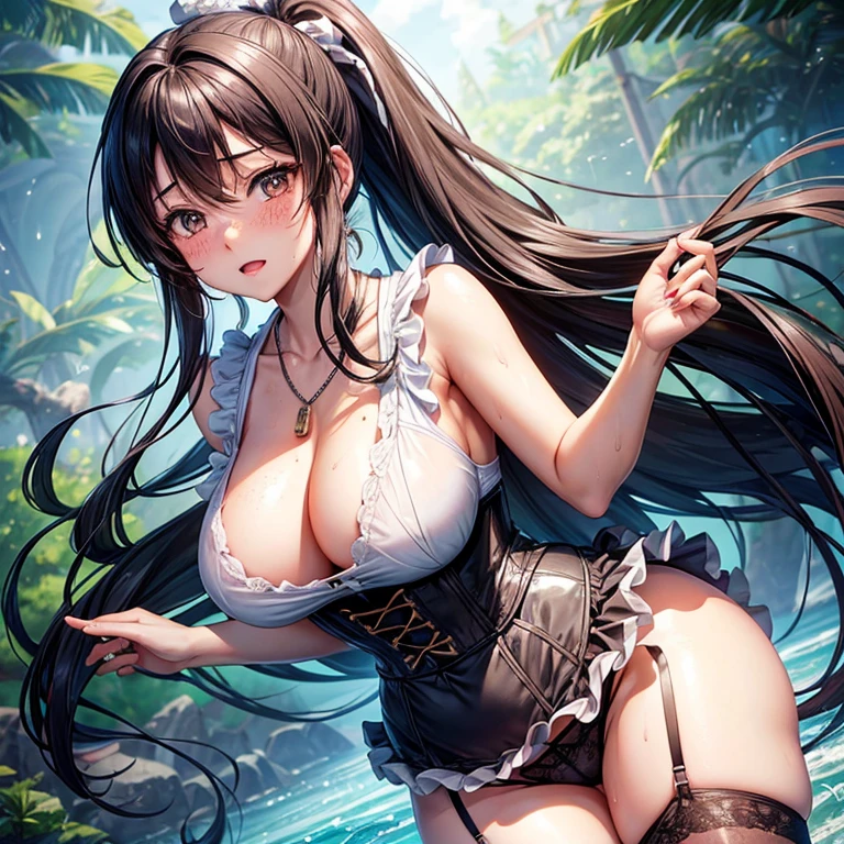 Kaori, Single model, solo, half Asian, half Latino, very long straight black hair, freckles, blushing, wet eyes, long chain pendant, very large heavy breasts, chubby, belly, stretchmarks, ponytail, corset, linen shirt, boob overspill, underboob, frilly knickers, stockings