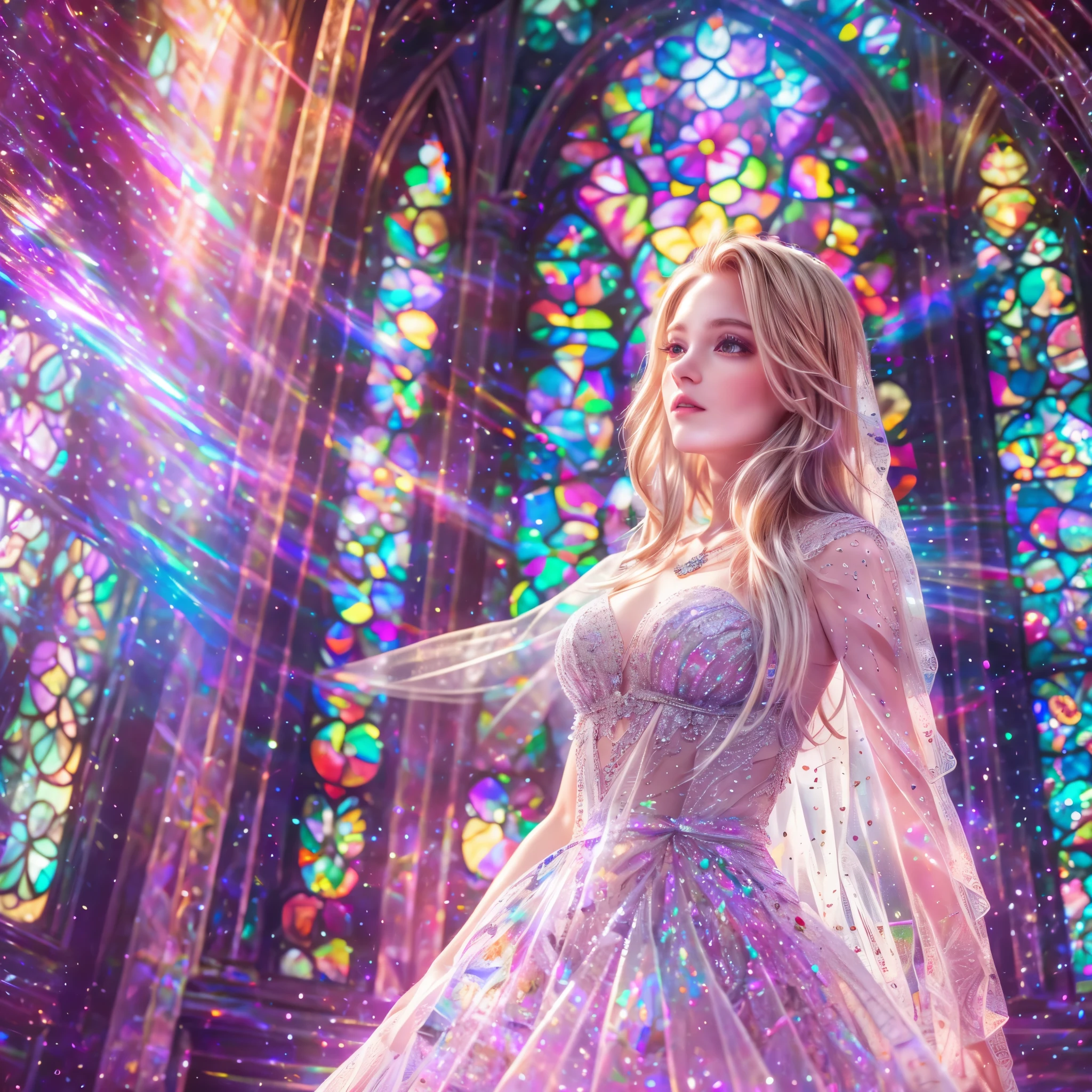 (Cathedral from below:1.28) (BokeH ZoomLayer) ((TopQuality 8K masterpiece of (Professional photo:1.37))), (((Clarisse de Cagliostro))) (Detailed White WeddingDresses), Chain, (CloseUp of (Extremely detailed (KAWAII face))) {((VeiledFace))|BlondeHair|(Elaborate BuleEyes)with(SparklingHighlights:1.28)}, The background is distant (((Elaborate stained glass))) Rainbow Glass, {(MysticSight)|EnchantingAtmosphere|Haze|(GodRays)|TyndallEffect}, Radiant PearlSkin with Transparency, (Exposed:0.77), BluB