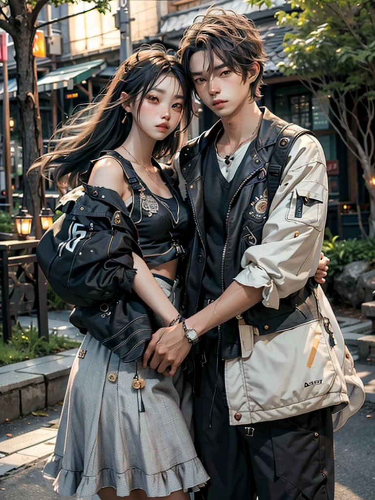 attractive asian couple, romantic vibe, front yard in the night, HDR+, texture crispy