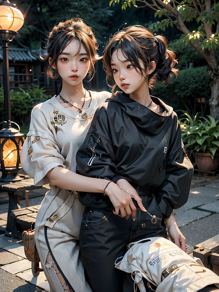 attractive asian couple, romantic vibe, front yard in the night, HDR+, texture crispy