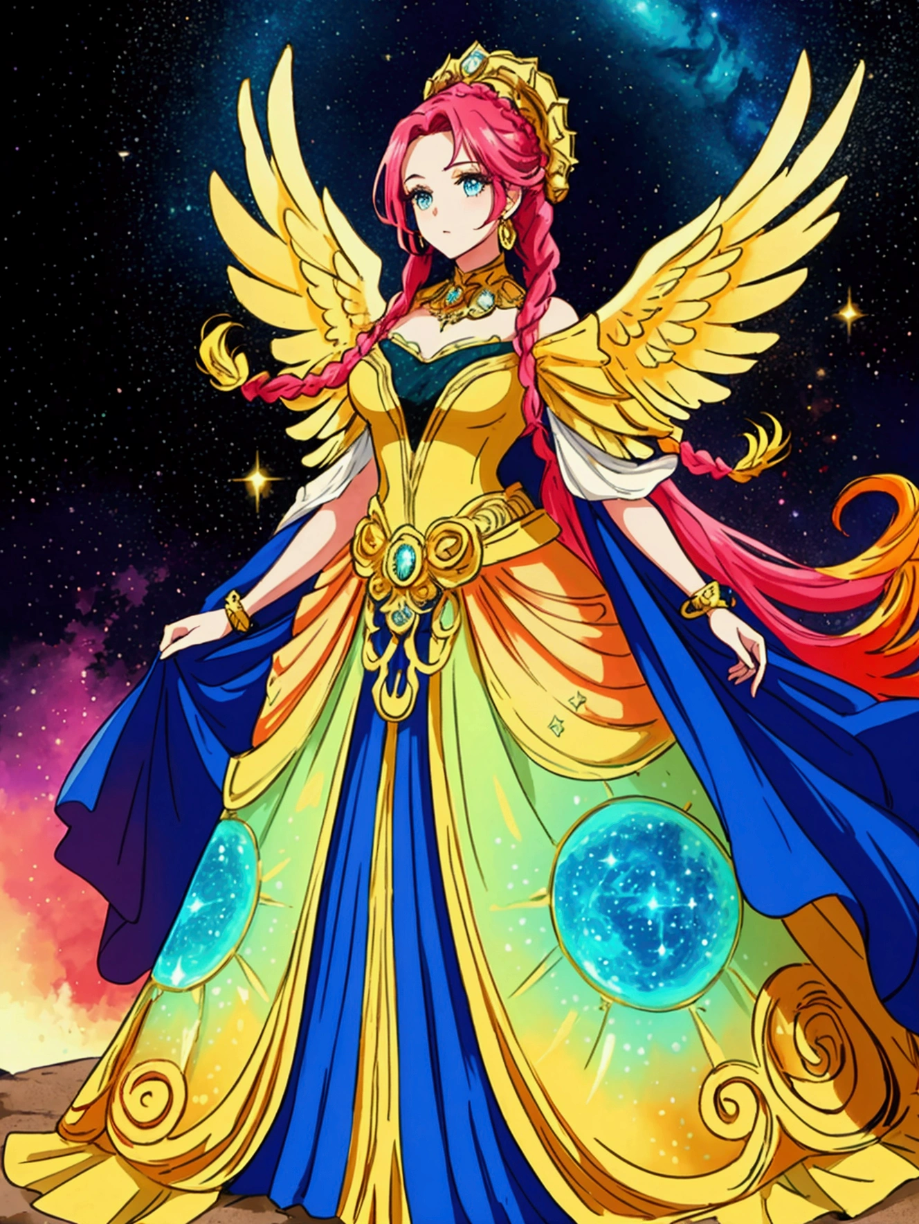 Vibrant and beautiful young woman, Loosely braided colorful hair, Elegant, A fantastic gown with intricate gold embellishments. She stands against a backdrop of space filled with stars and colorful nebulae, Gives her a fantastic and heavenly look.