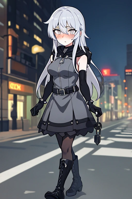 ((best quality)), ((masterpiece)), (detailed), 1 girl, Full body, 18 years old, Depressed face, Silver eyes, Gray zippered hood, Blushing, Silver hair, Straight hair, Bangs, Lock of hair covering her eye, Full body, Medium breasts, Slim body, Metal spikes, Grey wristbands, Long black gloves with spikes, Grey Gothic lolita dress, Grey dress with metal spikes, Metal emblem, Somewhat tight, Black belt, Metal legs, Black pantyhose, Black boots, Walking through the city, Metal coming out of the road, City background, Anime