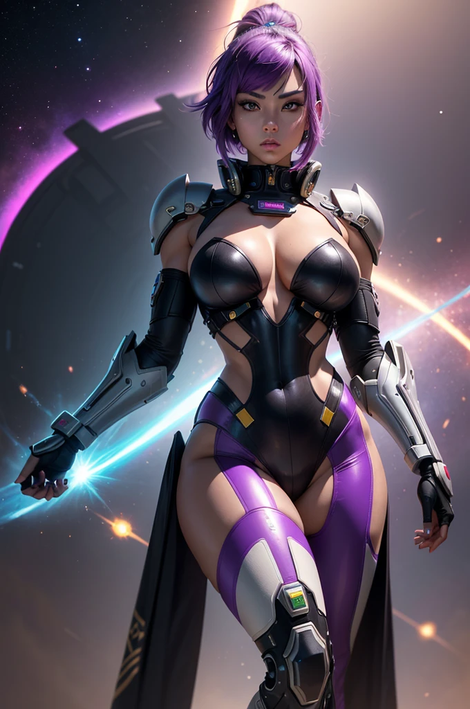 A perfect and beautiful, exuberant and very young cybernetic android warrior with black African and oriental features, Japanese and Chinese, mixed with the clone of the Greek warrior goddess Athena, with huge super ultra mega giant breasts, purple eyes, transformed into a super sensual and extremely super ULTRA HIPER muscular astronaut, fitness, bodybuilder, fit bodybuilder and weightlifter, very muscular thighs wearing very short punk style hair, super radical and purple and very smooth in locks, wearing sexy cyberpunk battle outfits, administrator of a gigantic fleet of thousands of spaceships and hundreds of planets of her stellar empire and seen in the form of a hologram made only of light energy
