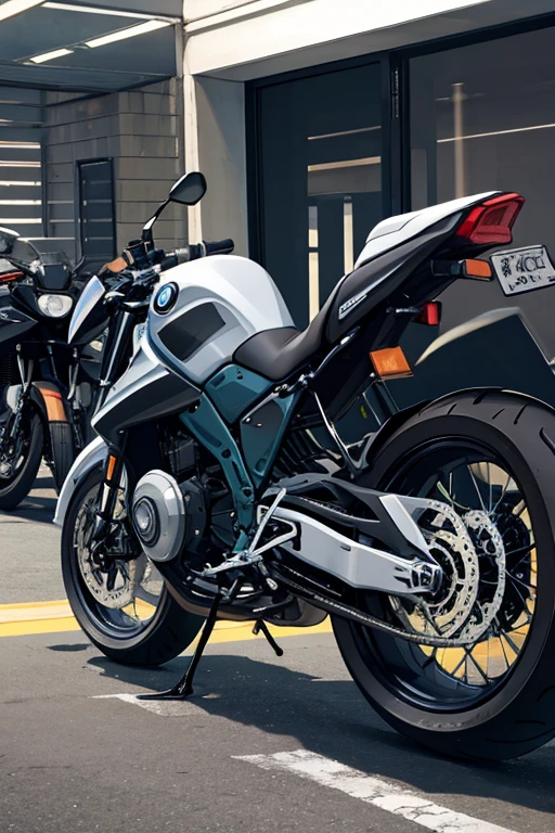 ome black big bike bmw motorcycle parked in a mafia garage