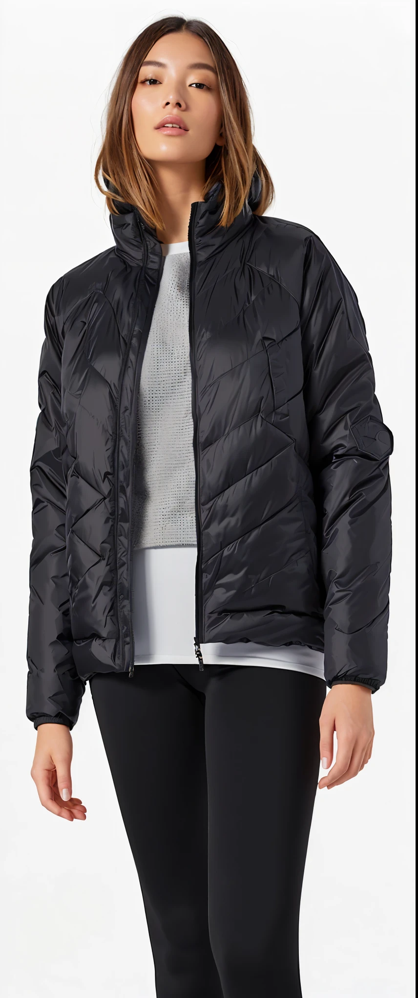 a white woman in a black jacket and leggings stands in Front oF a white background, model wears a puFFer jacket, cyber Future jacket, jaqueta sobre o tronco nu, puFFer jacket, with two Front pockets, Future inFlatable jacket, sinistra e intensa, F / 2 0, vestindo jaqueta, warm Features, inspirado por Kanō Tan'yū, jaqueta aberta