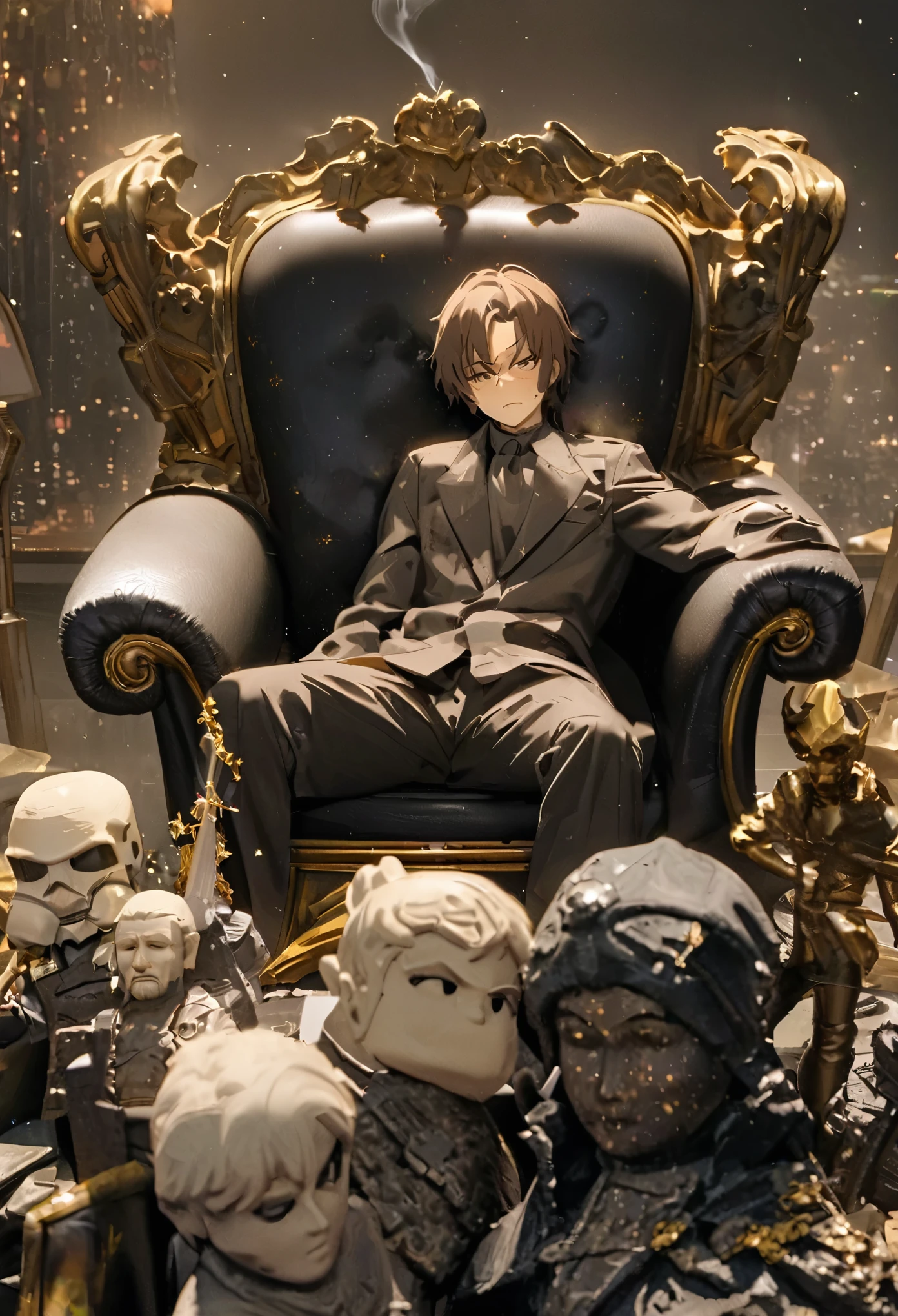 Sleeve cover style, detailed.
best quality, art, detailed face, in the style of Lora Marvin.
(26-year-old man) (young intellectual) (unkempt and authentic appearance) (messy dark brown hair) (wears thick-rimmed glasses) (1.74 m tall) (his skin is pale) (dark circles under his eyes) (black clothing) (small scar on left eyebrow) (may be depicted as a central figure, with a bored and disillusioned expression, perhaps smoking a cigarette while reclining on a cosmic throne. The throne may be a contrast between something magnificent and something more banal, such as an old sofa or office chair.)
(The background may show a mix of infinite space and a run-down urban scene. For example, stars and galaxies in the background with a dirty, chaotic city visible in the foreground, creating a visual effect that reflects the irony of absolute power)
