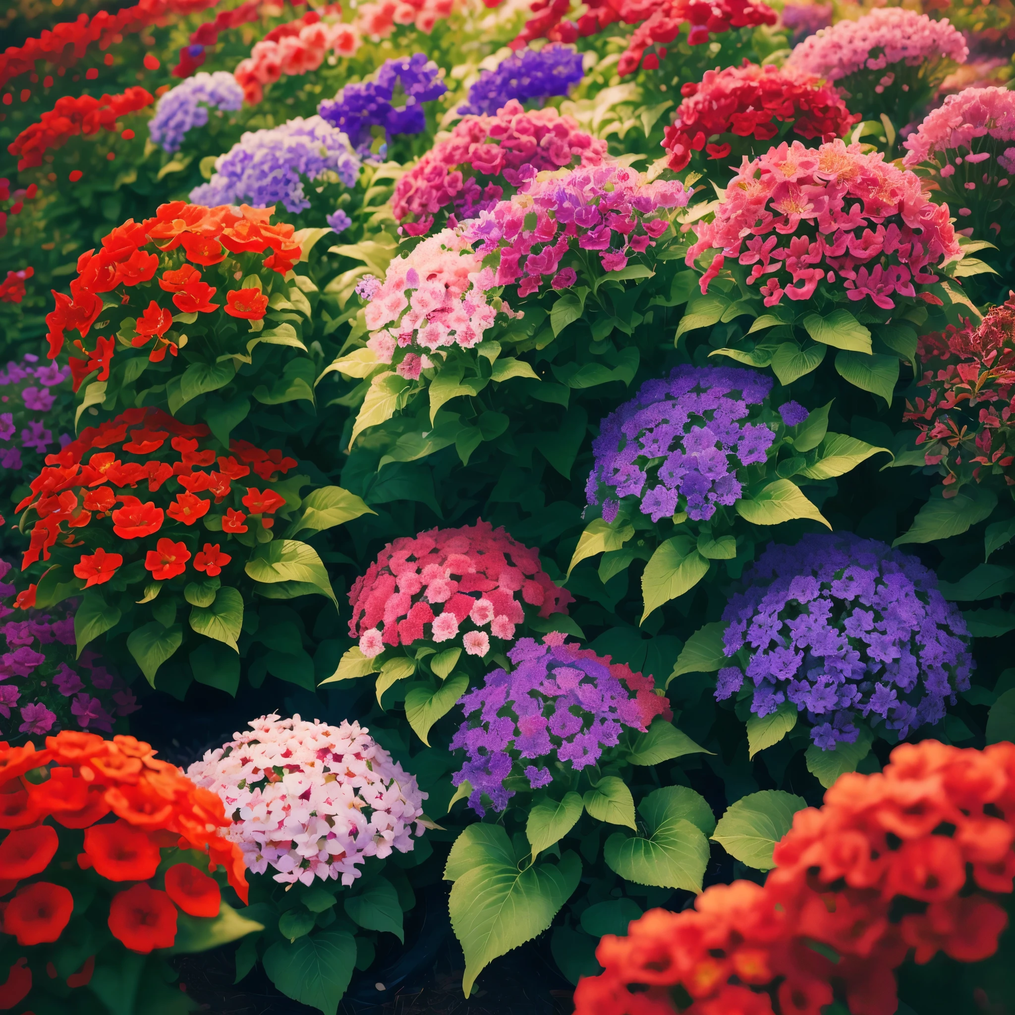 a close up of a planter with red flowers in a garden, lobelia, red and magenta flowers, ❤🔥🍄🌪, ( visually stunning, salvia, very stylized, purple and red flowers, very colourful, purple and scarlet colours, beautiful composition, beutiful!, by Albert Bertelsen, highly colorful, nice deep colours, red flowers