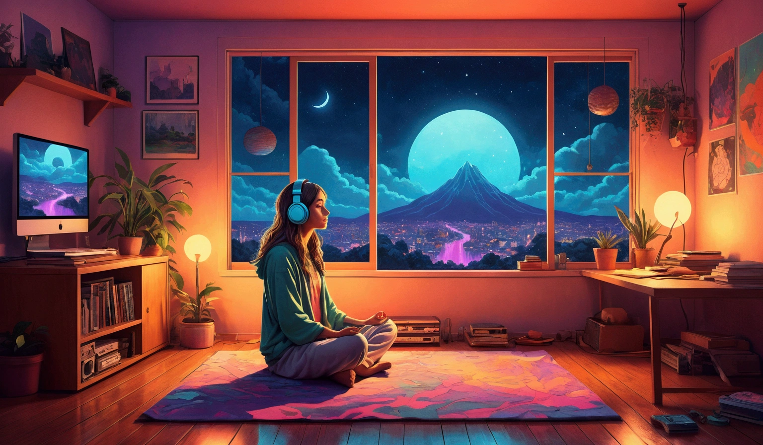 European Hippie Girl meditating in her room, dreaming, Wear headphones, night lights, Neon landscape on a rainy day, Analog Color Theme, Lo-Fi Hip Hop , retrospective, flat, 2.5D ,Draw a line, Ink Drawing, Large slope, Watercolor painting, Goosch Colors, Studio Ghibli Style, Awesome colorful, Outer Ton, krautrock, lofi art, 70s style,Old texture, amplitude,psychedelic vibe, masterpiece, Tremendous technology,