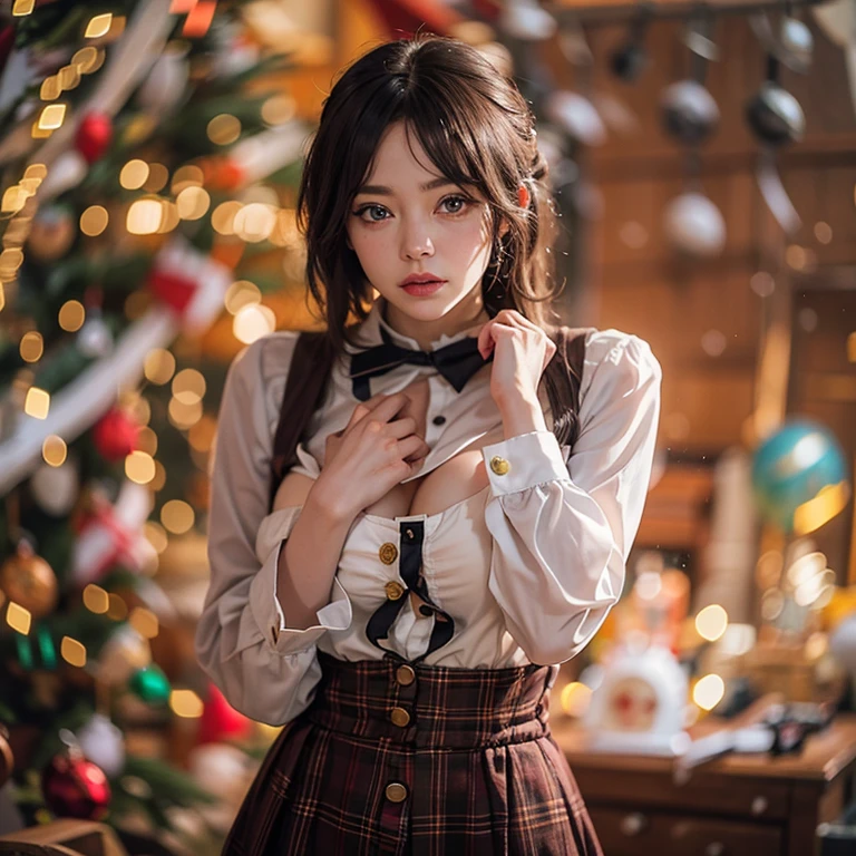 Emma Stone, black_hair, Blurred, Blurred_background, Blurred_prospect, Bokeh, chest, brown_eye, button_gap, buttons, Christmas_wood, chestof谷間, With collar_shirt, Cosplay_photograph, depth_of_Field, big_chest, lips,