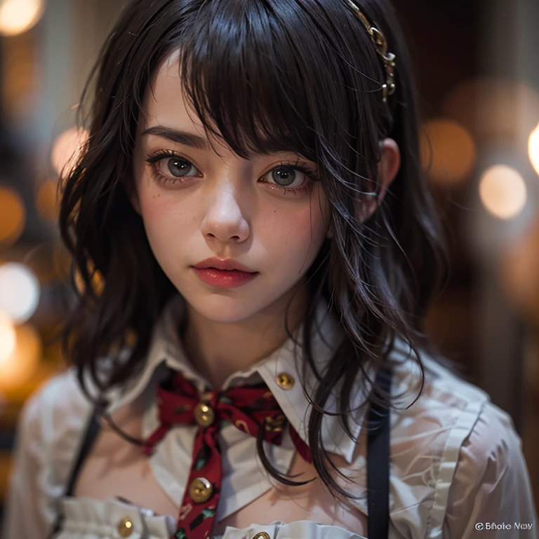 Emma Stone, black_hair, Blurred, Blurred_background, Blurred_prospect, Bokeh, chest, brown_eye, button_gap, buttons, Christmas_wood, chestof谷間, With collar_shirt, Cosplay_photograph, depth_of_Field, big_chest, lips,