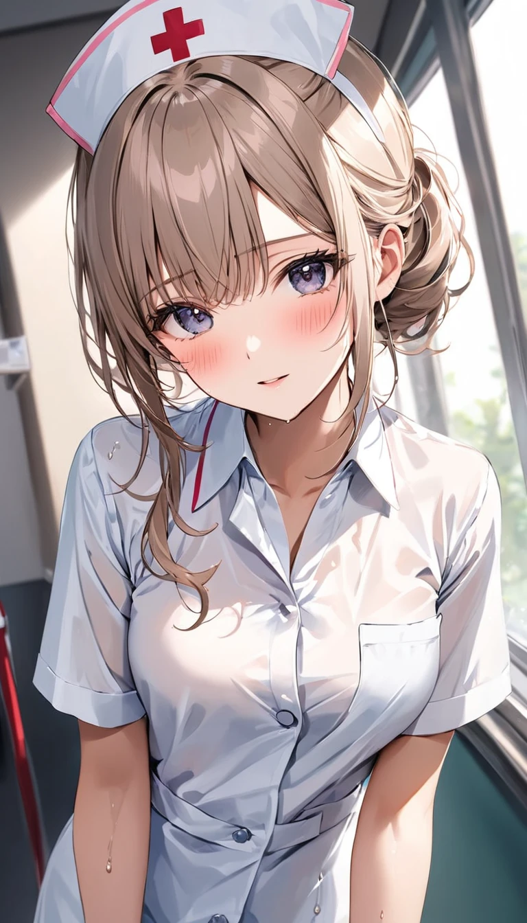 masterpiece,best quality,1girl,nurse,blush,wet,shirt,