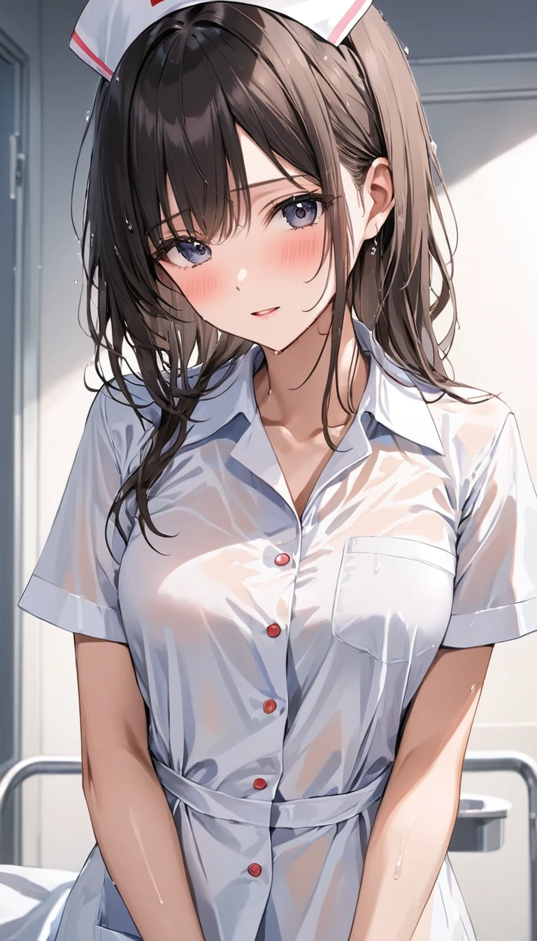 masterpiece,best quality,1girl,nurse,blush,wet,shirt,