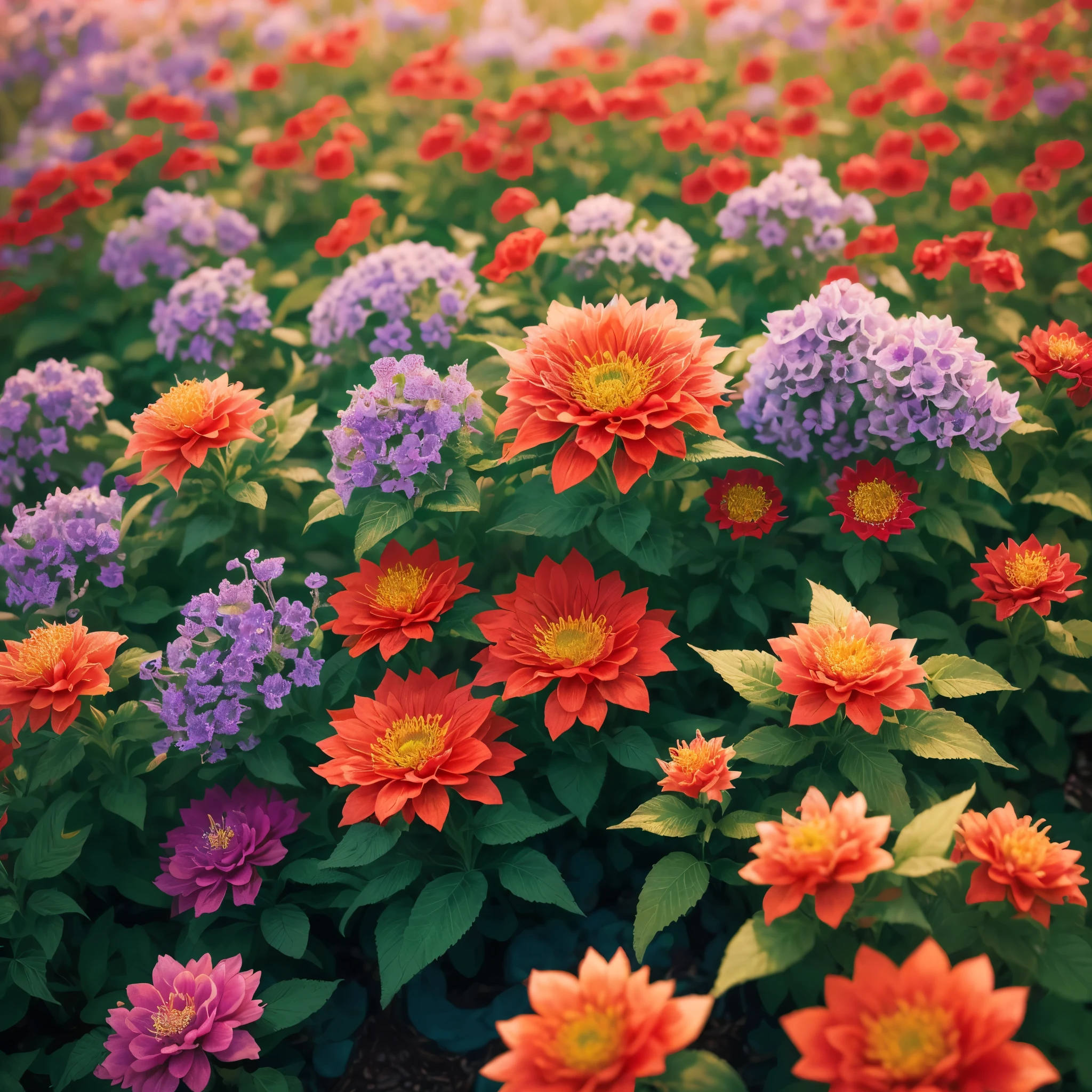 a close up of a planter with red flowers in a garden, a pastel by Albert Bertelsen, shutterstock, fine art, lobelia, red and magenta flowers, ❤🔥🍄🌪, ( visually stunning, salvia, very stylized, purple and red flowers, very colourful, purple and scarlet colours, beautiful composition, beutiful!