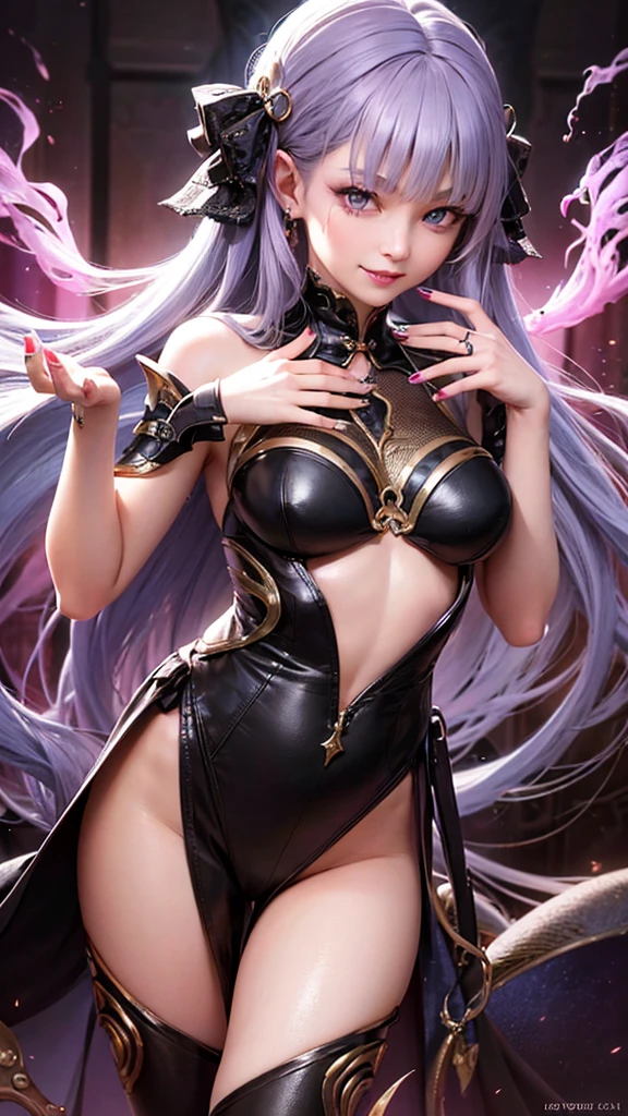 Powerful super evil female poses in closeup, Black Goddess (Bare shoulders), length, Flowing purple hair, View your viewers, Highly detailed face, Perfect hands, Blue smoke swirling around her, Love evil things, Captivating blue eyes, Dark fantasy,  ， realistic girl rendering, 8k artistic german bokeh, Enchanting girl, Real Girls, Gurwitz, Gurwitz-style artwork, Girl Roleplay, Realistic 3D style, cgstation Popular Topics,, 8K Portrait Rendering,（truth，truth：1.4）、Genuine, Symmetric, High detail, Esoteric arachnids lady, Spider Queen Elise, League of Legends, Esoteric arachnids, Combat Stance, ( The body is made with liquid metallic paints in metallic mauve and metallic black.....、It beautifully depicts the female form.....。), length, Sharp fangs, nature, ((Complex metallic colors in the foreground)), (( Fluid Mechanics, The most beautiful smooth scale face makeup, Smirking expression)) - Dark blood, Onyxia、Noir painting of a beautiful young witch, length purple hair, dark purple lips, evil, evil female, smile, Black Prom Dress, She is coming to you, close, Bright Blue Eyes, Surrounded by swirling pink smoke, Genuine, High detail, Highest quality