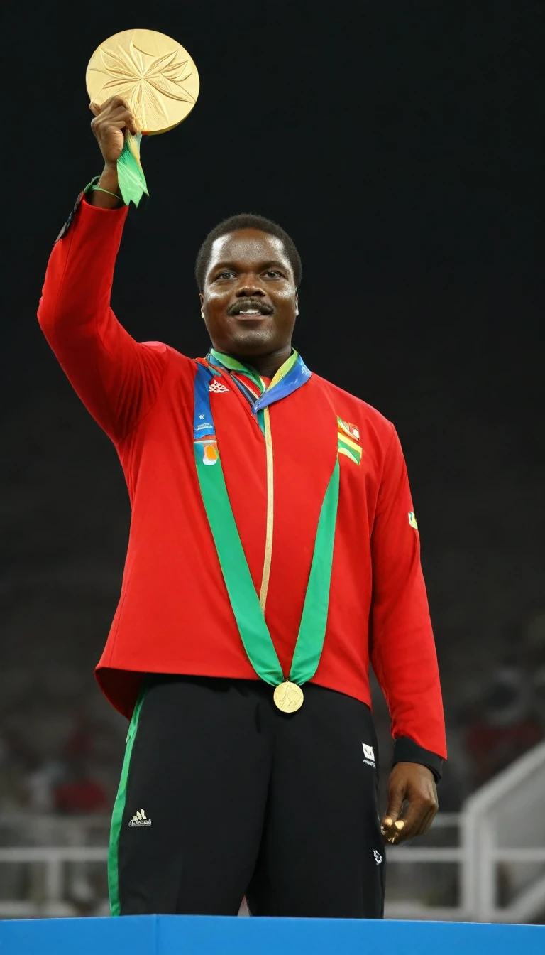 create an image of Marcus Garvey on top of the podium in the middle of a world sports olympics stadium winning gold medals and holding a gold trophy, dressed in a red olympic uniform, black and green celebrating with a victory face