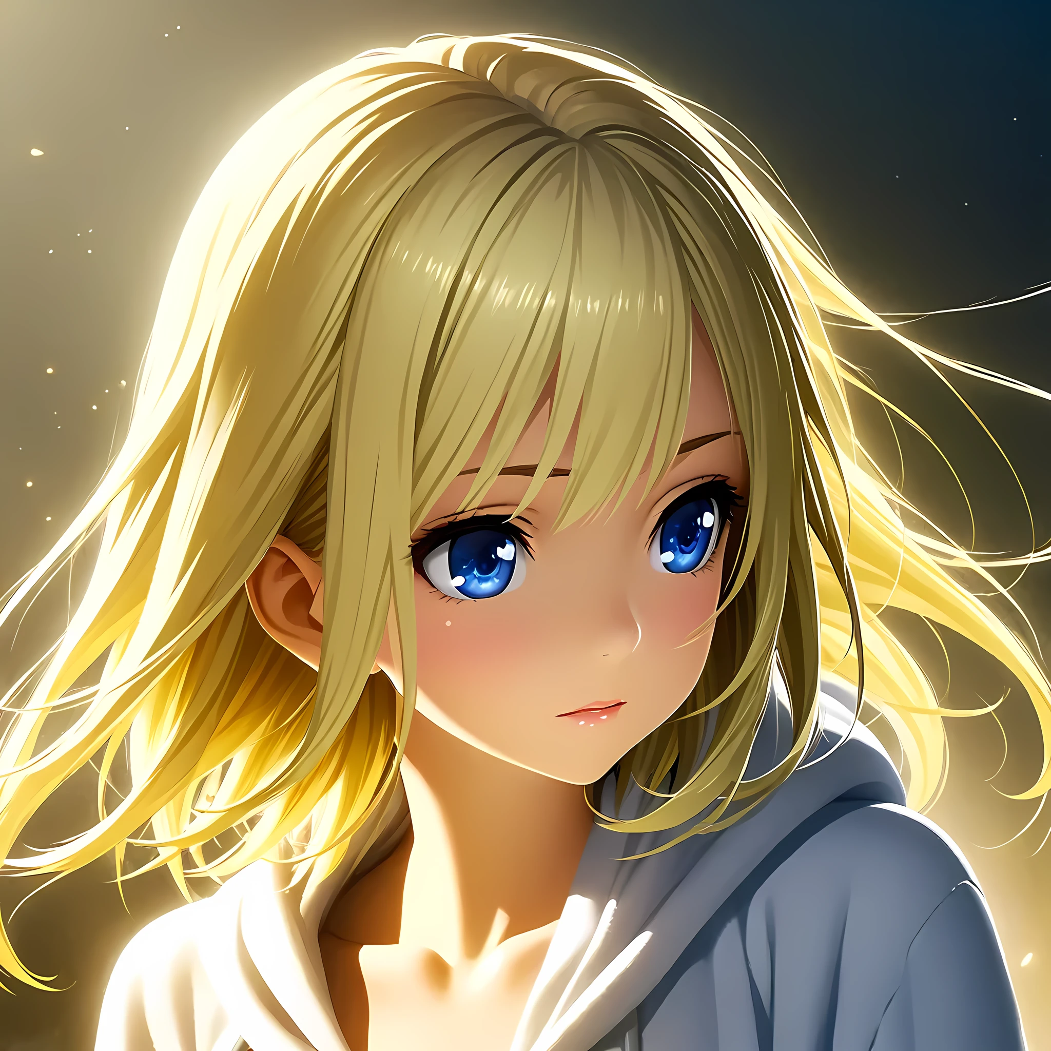 girls profile picture, portrait:1.2, Practical, blue eyes, Blonde hair, Mid-chest, 4K resolution, High quality CG, Beautiful CG, Soft Light, Octane Rendering, white naked hoodie, short hair flowing in wind
