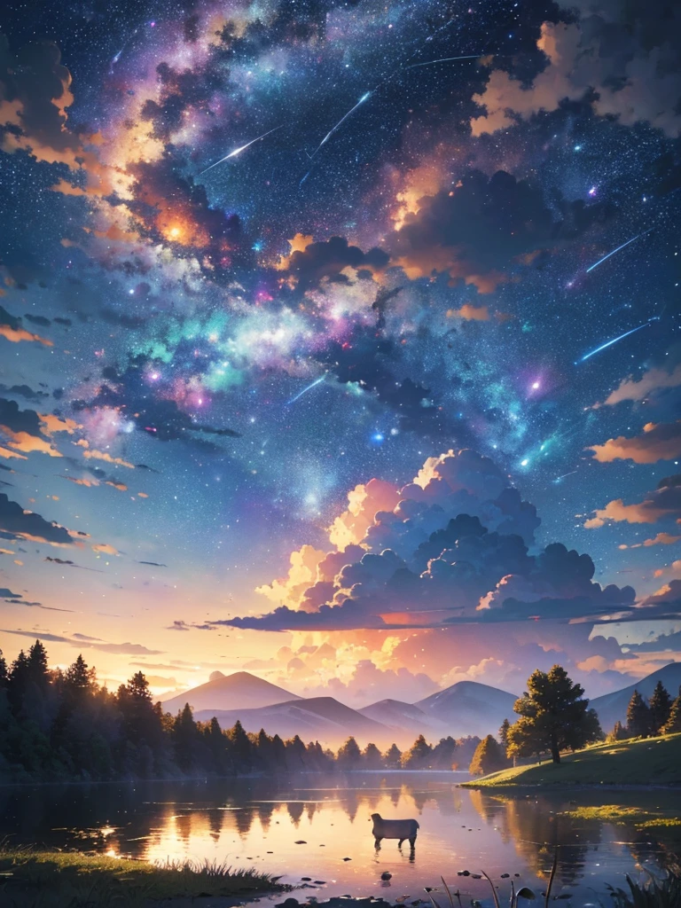 (best quality,highres,ultra-detailed:1.2),wide-angle lens,6 PM afternoon,meteor shower,dreamlike beauty,vibrant colors,soft lighting,landscape,seamless transition of day and night,peaceful atmosphere