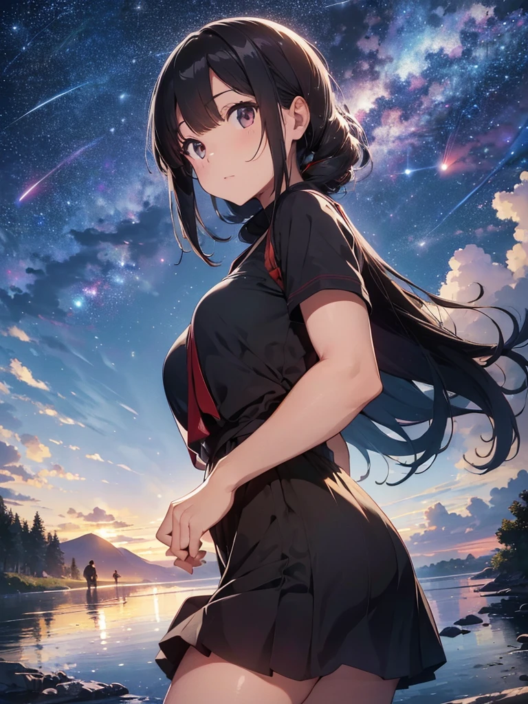 (best quality,highres,ultra-detailed:1.2),wide-angle lens,6 PM afternoon,meteor shower,dreamlike beauty,vibrant colors,soft lighting,landscape,seamless transition of day and night,peaceful atmosphere