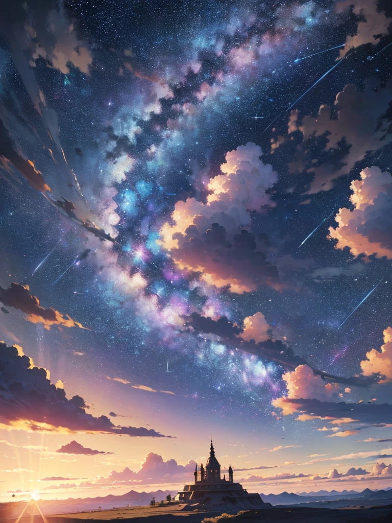 (best quality,highres,ultra-detailed:1.2),wide-angle lens,6 PM afternoon,meteor shower,dreamlike beauty,vibrant colors,soft lighting,landscape,seamless transition of day and night,peaceful atmosphere