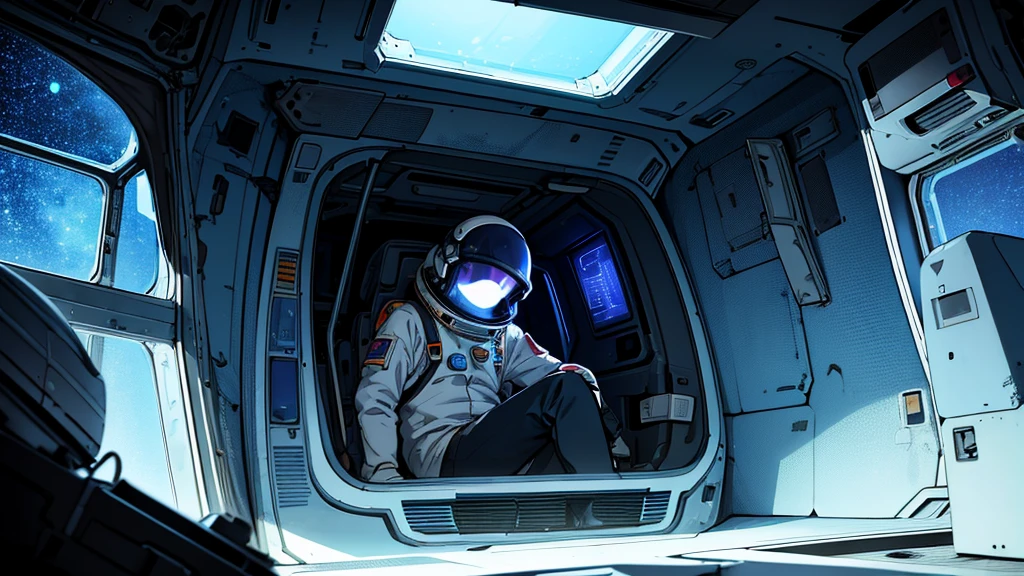 A male lone astronaut, the last survivor of a destroyed Earth, sits lost and adrift in the ruined interior of his futuristic spacecraft. Through the large viewport, a pale pink planet floats in the void of space, the only remnant of his former home. The cabin is overgrown with plants, neglected, reflecting the astronaut’s sense of isolation and melancholy. Dominant colors are shades of blue, conveying a somber, depressive mood