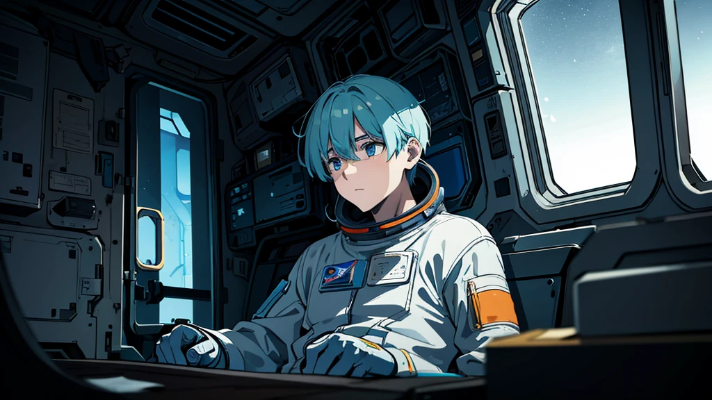 A male lone astronaut, the last survivor of a destroyed Earth, sits lost and adrift in the ruined interior of his futuristic spacecraft. Through the large viewport, a pale pink planet floats in the void of space, the only remnant of his former home. The cabin is overgrown with plants, neglected, reflecting the astronaut’s sense of isolation and melancholy. Dominant colors are shades of blue, conveying a somber, depressive mood