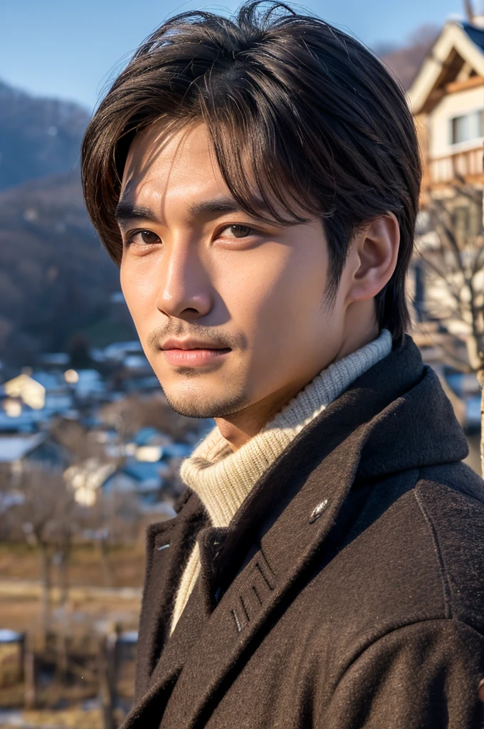 Photorealsitic, 8K full body portrait, a handsome, a 25-year-old man, A charming expression, detailed face details, south korea cty, Winters, village in the background