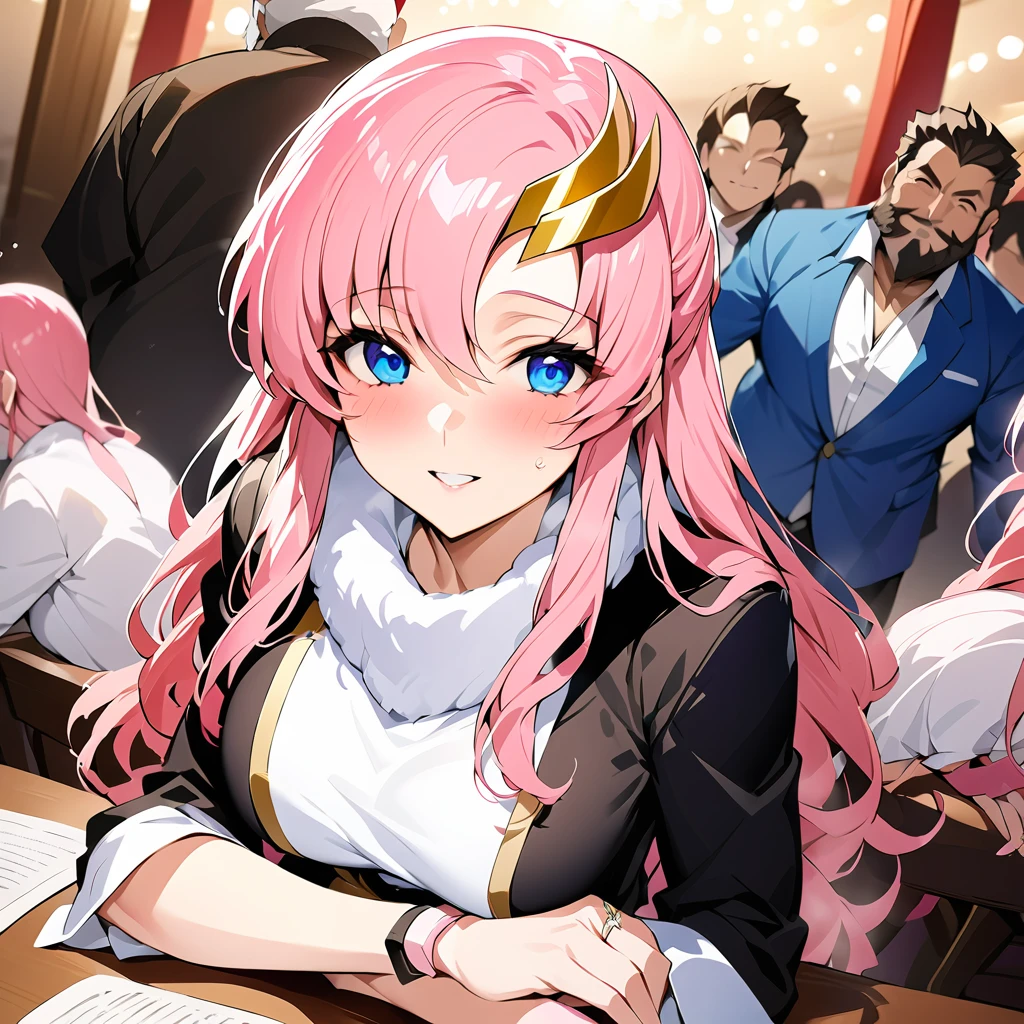 ((Highest quality)), ((masterpiece)), (detailed), (Perfect Face)、The woman is Lacus Clyne, with blue eyes, medium-long pink hair, a hair accessory, the clothes of a follower of a suspicious religious organization, and an engagement ring.、The woman is a devout follower of a mysterious religious group, and serves her beloved middle-aged bearded guru. She attends meetings with her followers and is embraced by the guru.