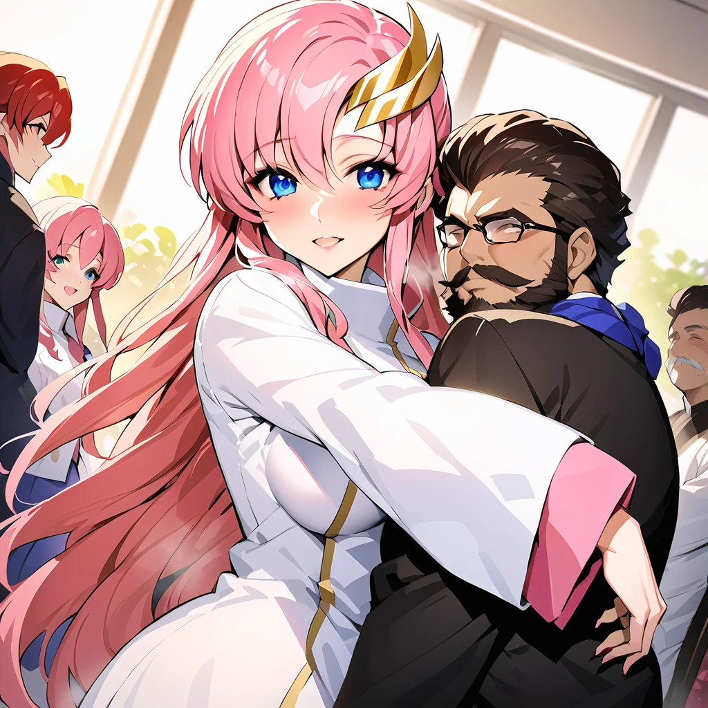 ((Highest quality)), ((masterpiece)), (detailed), （Perfect Face）、The woman is Lacus Clyne, with blue eyes, medium-long pink hair, a hair accessory, the clothes of a follower of a suspicious religious organization, and an engagement ring.、The woman is a devout follower of a mysterious religious group, and serves her beloved middle-aged bearded guru. She attends meetings with her followers and is embraced by the guru.