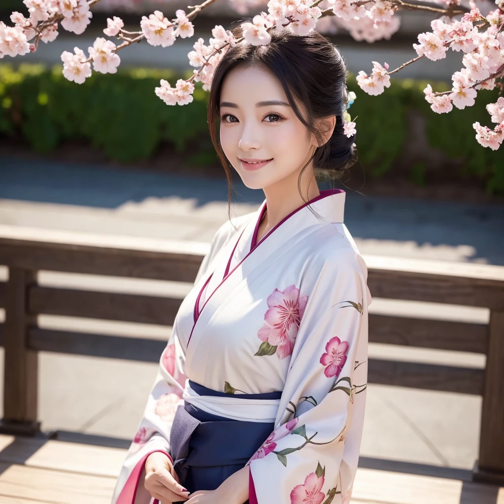 (Super beautiful woman in kimono)、((best qualtiy、8k masterpieces:1.3))、foco nítido:1.2、(ultra beautiful faces:1.0)、(shinny skin:1.0)、photos realistic、A dark-haired、Video Lighting、High-definition eyes and face、Video Lighting、Japanese actressl、from the front side、medium breasts、With a happy smile、Slender Abs Beauty、Whole body、wearing kimonos、cherry blossom in full bloom