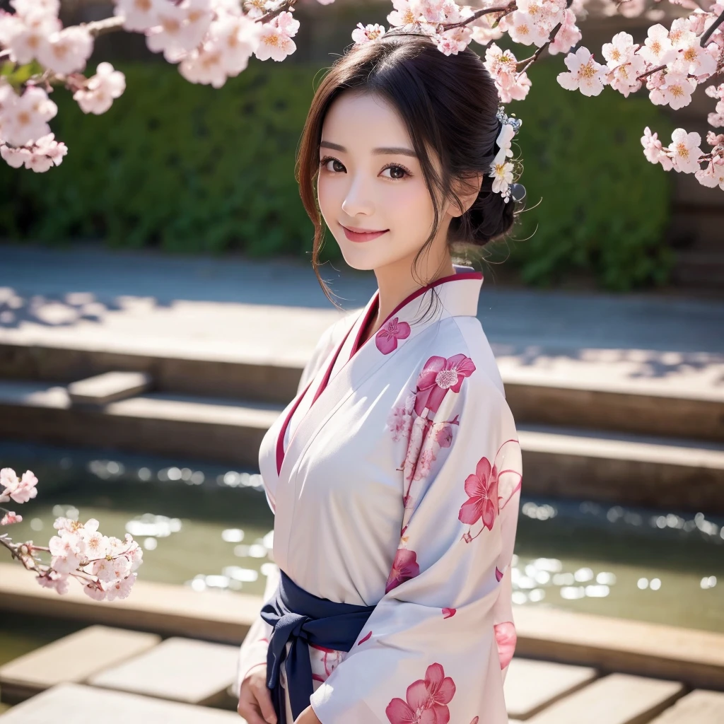 (Super beautiful woman in kimono)、((best qualtiy、8k masterpieces:1.3))、foco nítido:1.2、(ultra beautiful faces:1.0)、(shinny skin:1.0)、photos realistic、A dark-haired、Video Lighting、High-definition eyes and face、Video Lighting、Japanese actressl、from the front side、medium breasts、With a happy smile、Slender Abs Beauty、Whole body、wearing kimonos、cherry blossom in full bloom