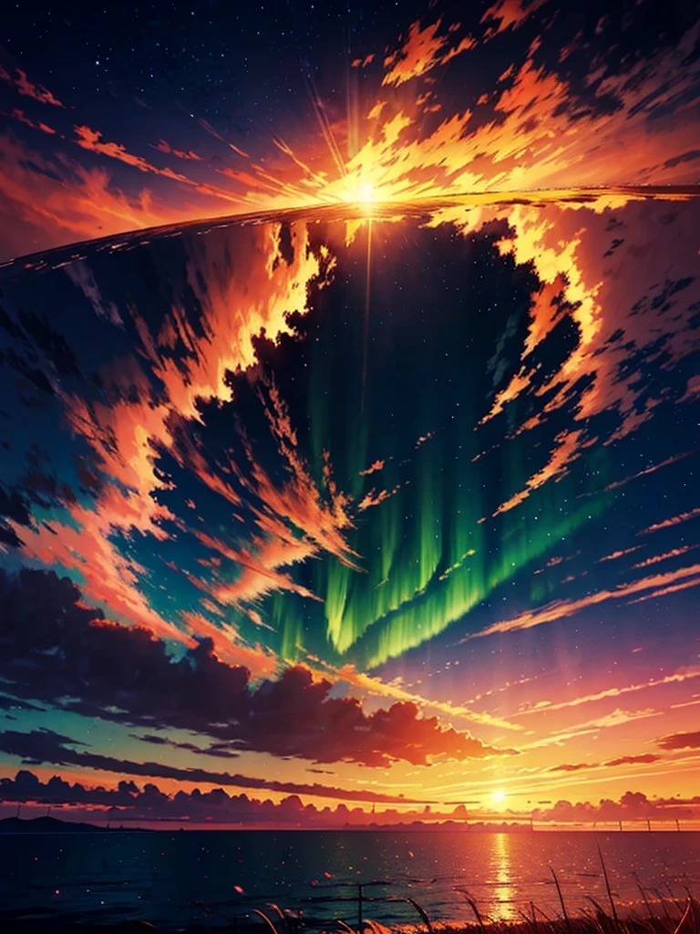 Anime-style digital painting of a horizon landscape with a sunset and aurora, amazing, Atmospheric,Soft and warm sunset light low angle, A palette of soft tones, such as pink, to accentuate the horizon, Orange and blue